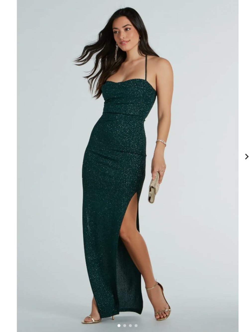 WINDSOR Long Formal Dress Hollie Halter Slit Glitter  in Hunter Green
